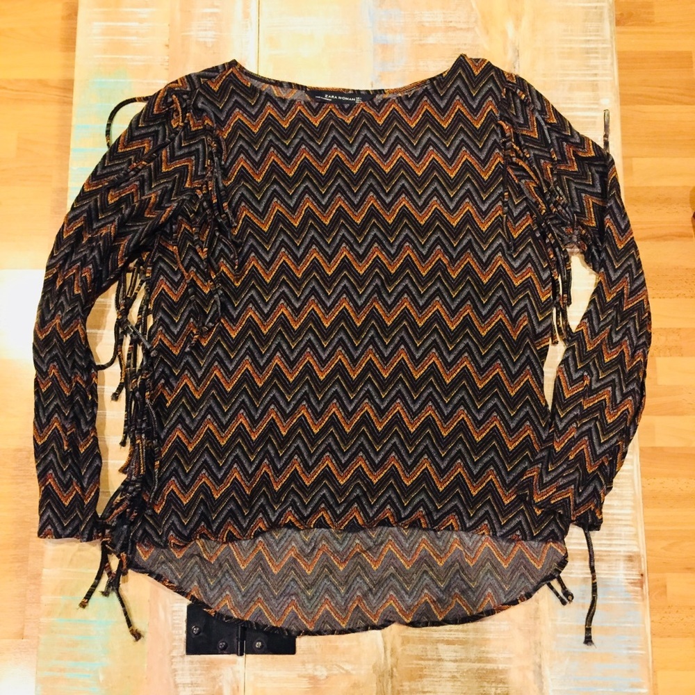 Zara Chevron Print Fringe Top large long sleeve black blue green